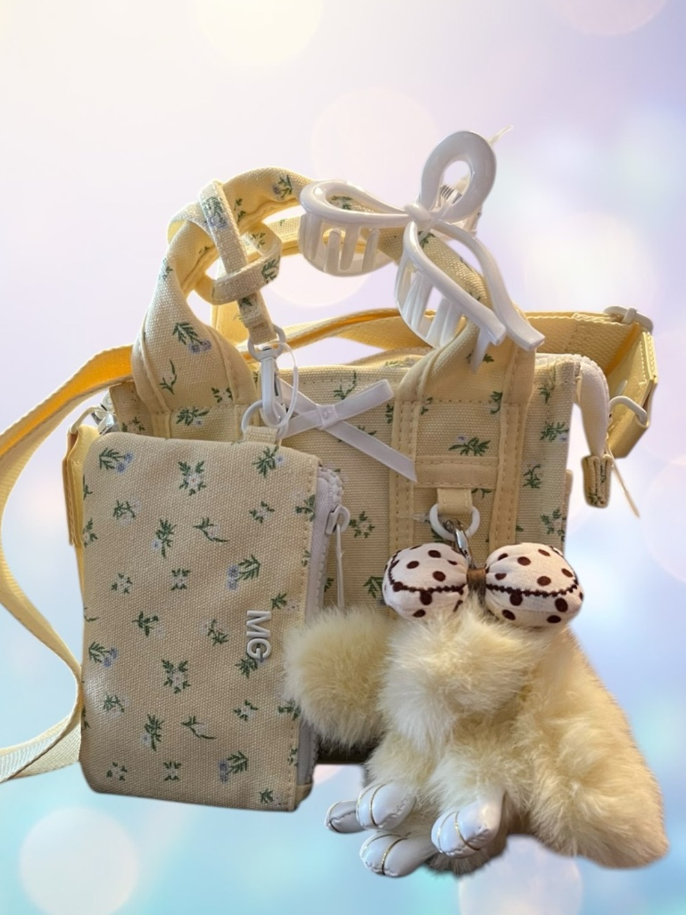 New MADDEN GIRL RARE Yellow Floral Mini Tote Bag + Pouch + Clip + Bunny Charm